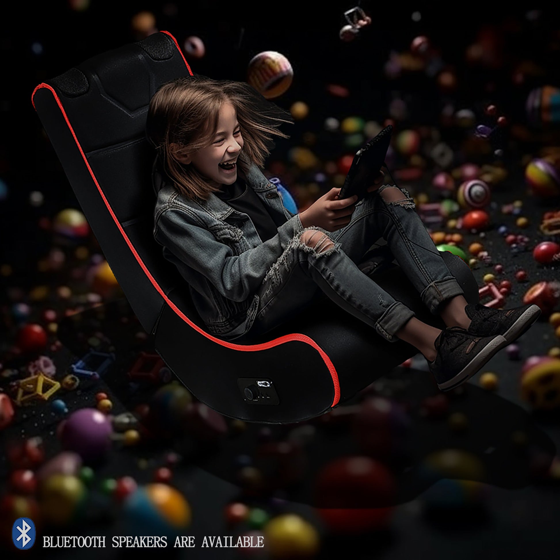 Foldable Gaming Chair w/ Bluetooth Speakers, Black/Red, Compatible w/ Consoles eprolo