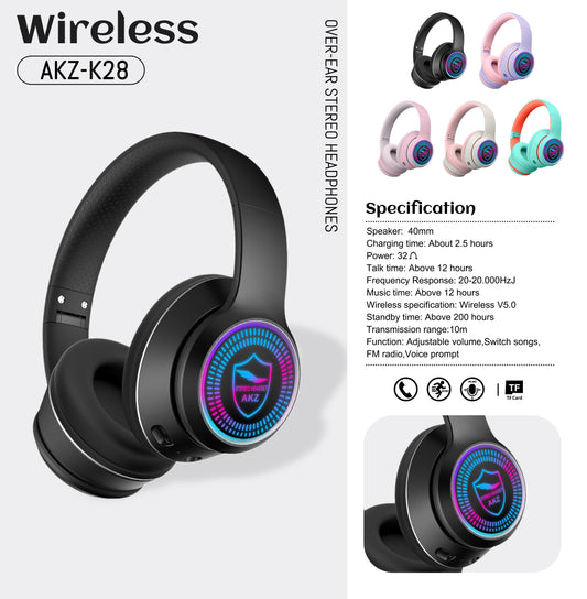 AKZ-K28 Wireless Bluetooth 5.0 Headset RGB Light Stereo TF/FM, 5 Colors eprolo