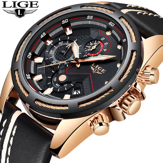 LIGE 9882 Men's Luxury Gold Sport Quartz Watch, Leather Band, Waterproof eprolo