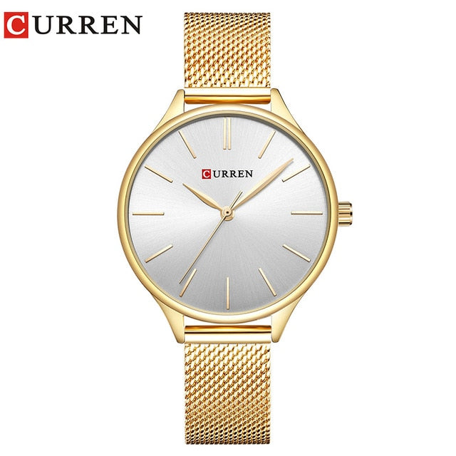 CURREN Women's Watch Luxury Rose Gold Milanese Steel Quartz Ladies Wristwatch