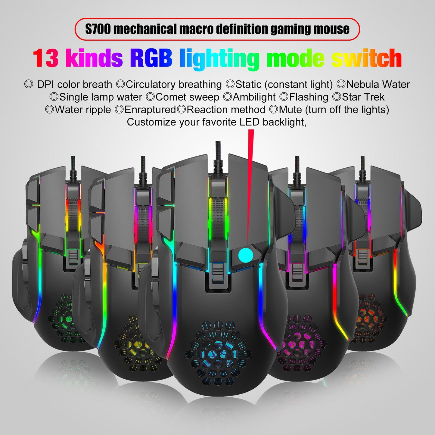 S700 Programmable RGB Gaming Mouse 12800 DPI 10 Keys Macro Mechanical Wired eprolo
