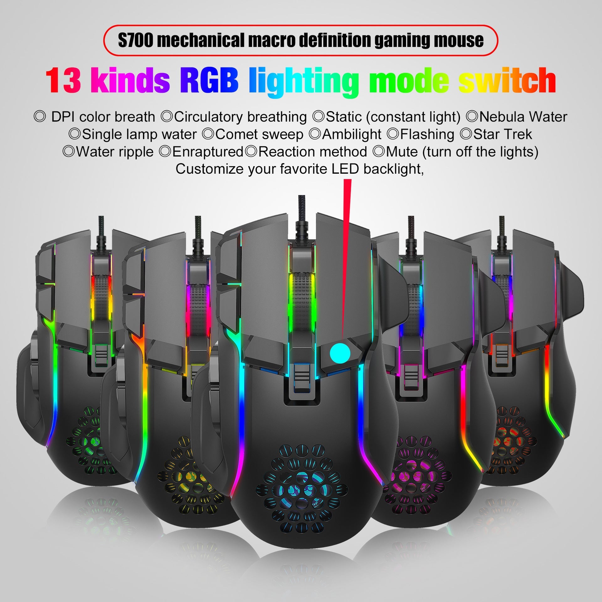 S700 Programmable RGB Gaming Mouse 12800 DPI 10 Keys Macro Mechanical Wired eprolo