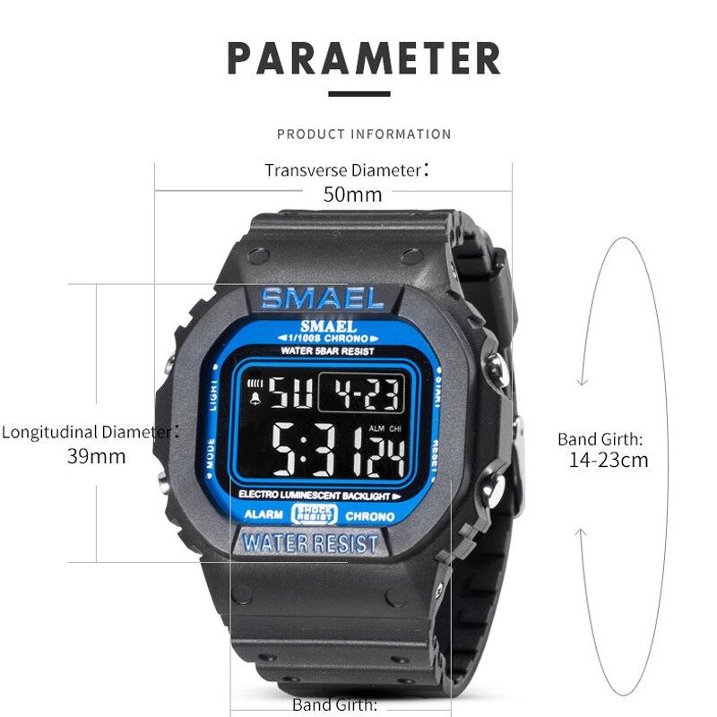 SMAEL 1801 Digital Sports Watch for Men - Military Waterproof LED Stopwatch eprolo
