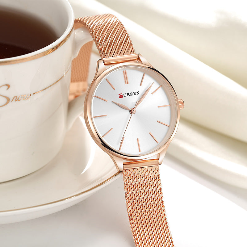 CURREN Women's Watch Luxury Rose Gold Milanese Steel Quartz Ladies Wristwatch