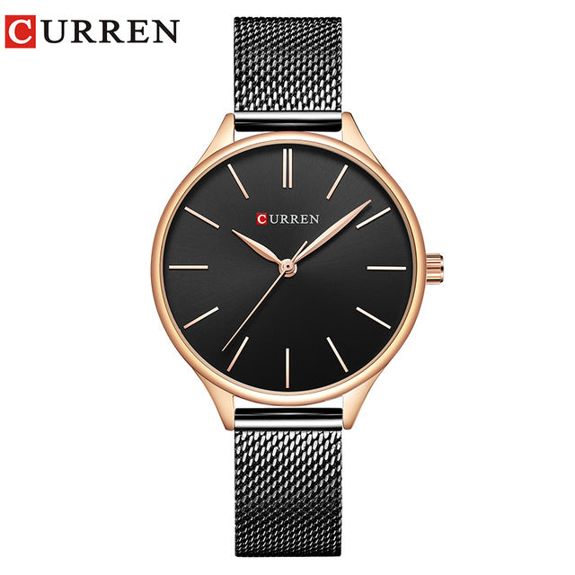 CURREN Women's Watch Luxury Rose Gold Milanese Steel Quartz Ladies Wristwatch