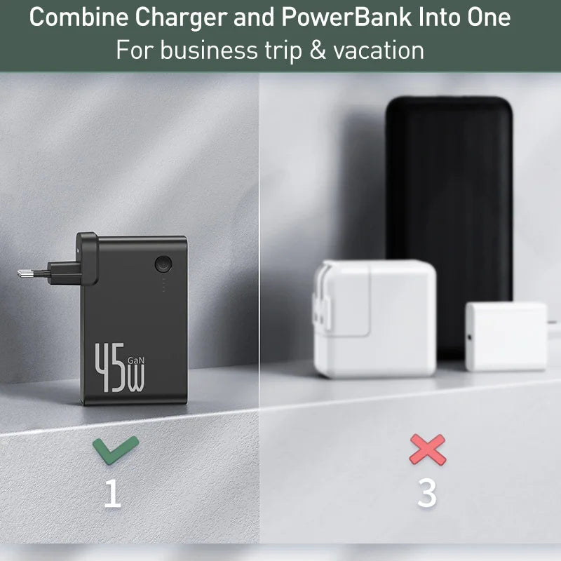 Baseus GaN Power Bank Charger 10000mAh 45W USB-C PD Fast Charging for Phones & Laptops eprolo