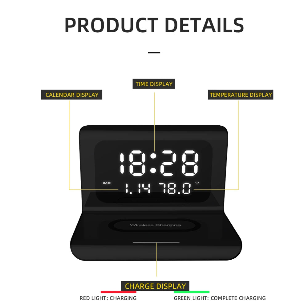 RT1 Qi 10W Wireless Charger Alarm Clock Calendar Temp Display Safe Fast Charge eprolo