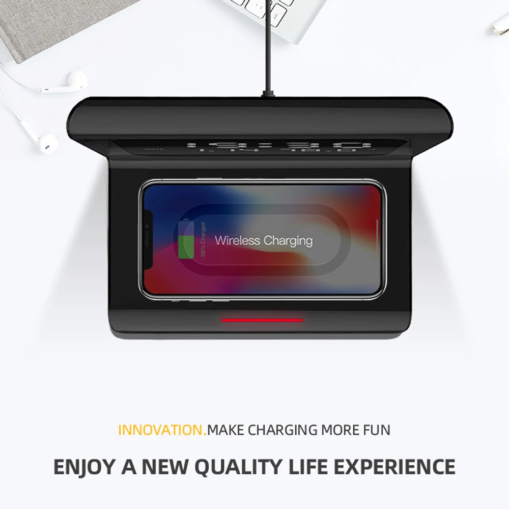 RT1 Qi 10W Wireless Charger Alarm Clock Calendar Temp Display Safe Fast Charge eprolo