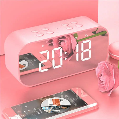 LED Mirror Bluetooth Speaker Clock Alarm Hands-Free Bass Portable Travel eprolo